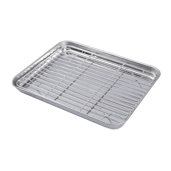 

kitchen storage & organization 2 pieces/set rectangular baking tray stainless steel pan sheet with removable cooling rack - 26x20x2.5cm