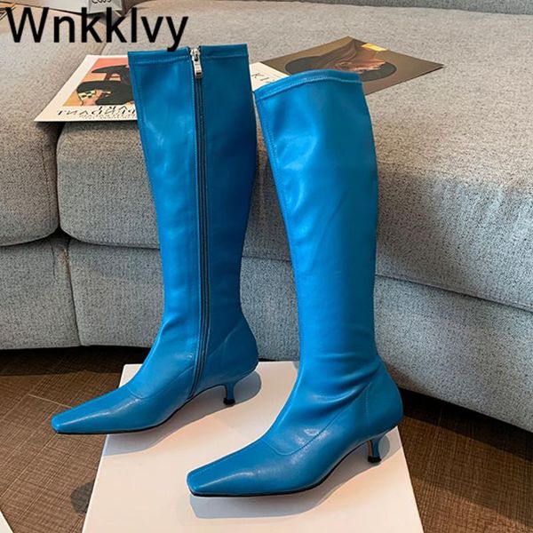 

boots kitten heel knee high women spaure toe tight elastic long booties runway desgin shoes winter stretch knight 2021, Black