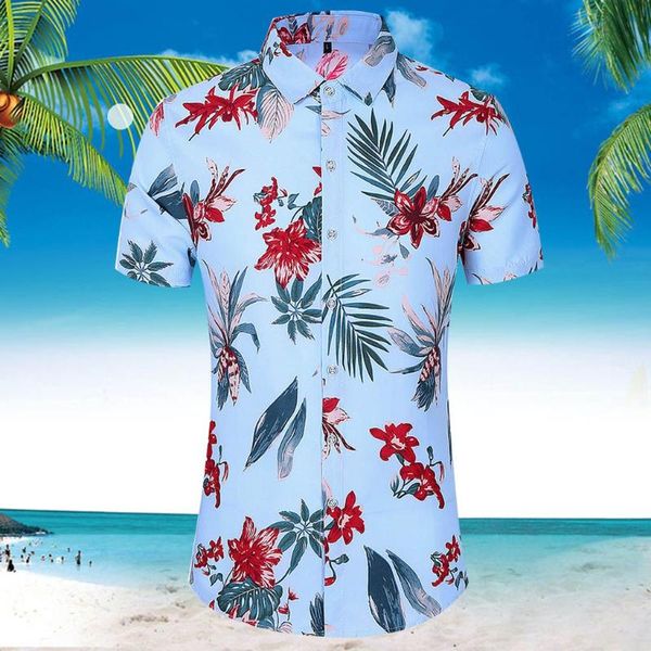 

men fashion shirt cool slim loose street print hawaii short sleeve turn-down collar breathable business #7 men's casual shirts, White;black