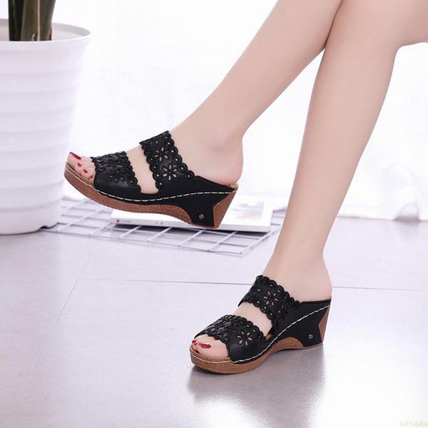 

women's fashion casual hollow out high heels thick platforms shoes slippers summer women 2021 flip flops, Black