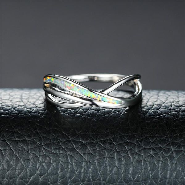 

wedding rings cute female blue white opal ring vintage silver color thin earrings charm hollow cross engagement for women, Slivery;golden
