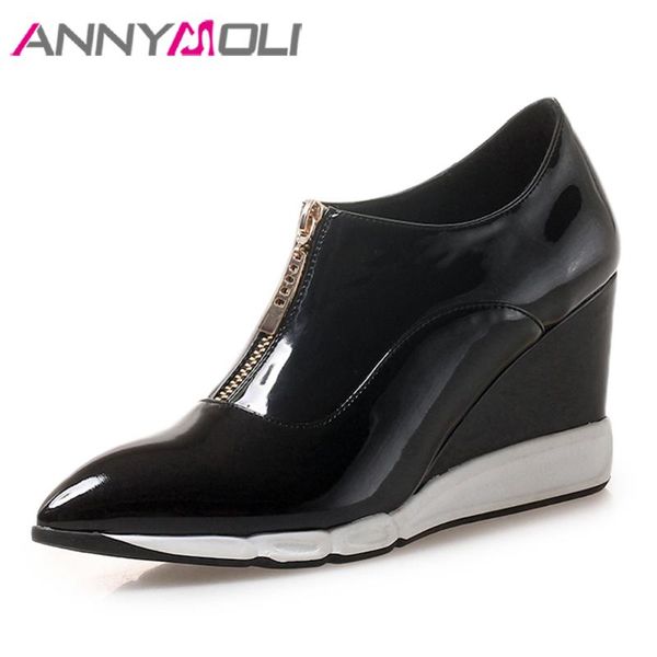 

dress shoes annymoli women pumps high heels patent leather wedges zipper pointed toe ladies spring red size 34-40, Black