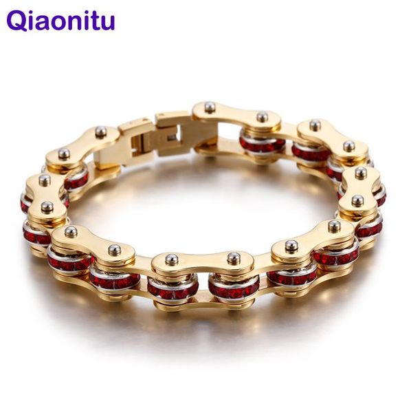 

link, chain gold 316l stainless steel red blue black white cz crystal bracelet men women couple bike biker motorcycle bracelets bangle