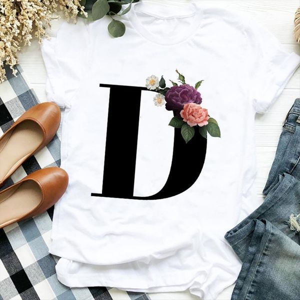 

floral letter d cute womens 90s style print tee clothes female graphic, White