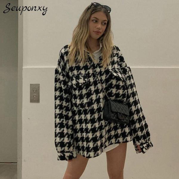 

women's jackets plaid tweed shirt jacket 2021 winter retro lapel long sleeve single breasted large pocket casual coat, Black;brown