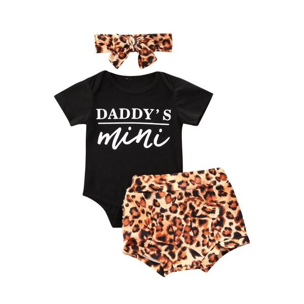 

summer girl set letter print romper + leopard shorts suits for kids baby clothing sets, White