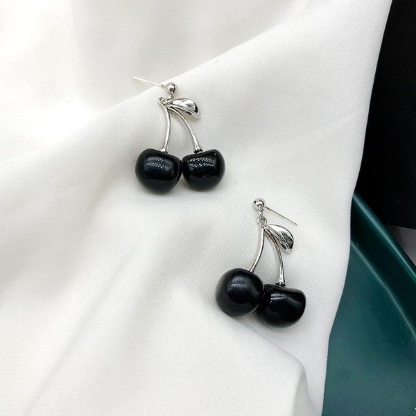 

korea japan black enamel cherry pendant earrings for women fashion jewelry 2021 metal fruit drop dangle gift & chandelier, Silver