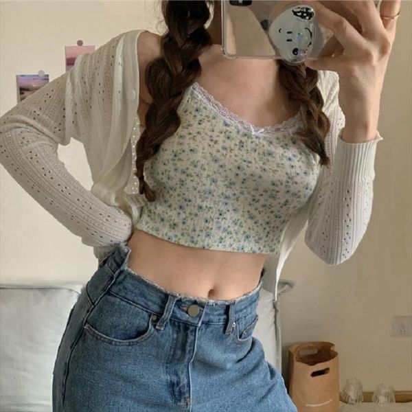 

cute floral crop womens cami summer camisole lace trim slim y2k prairie chic sweet lolita style outfits, White