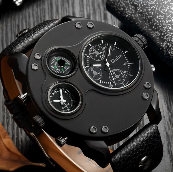 Oulm marca Smooth Lustre Celebrity qualità orologio al quarzo bussola orologi da uomo doppio fuso orario 55 mm quadrante grande Hardlex PU cinturino da polso w244G