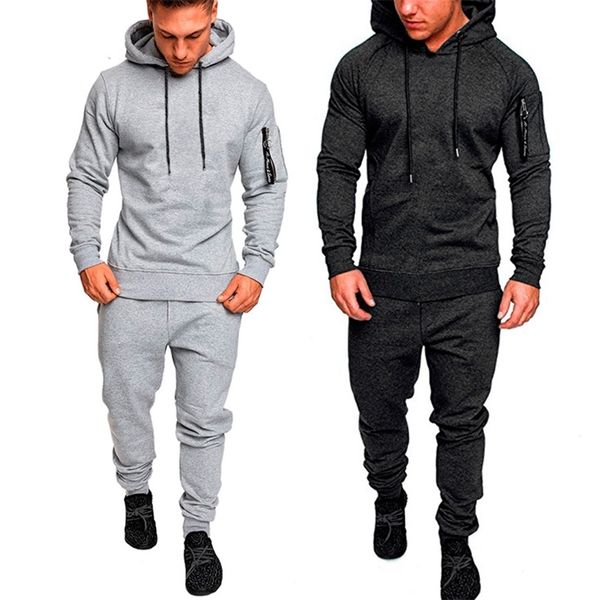 

tracksuit autumn winter camou hoodies casual sweat suits drawstring pullover outfit sportswear men 2 piece set plus size 210916, Gray