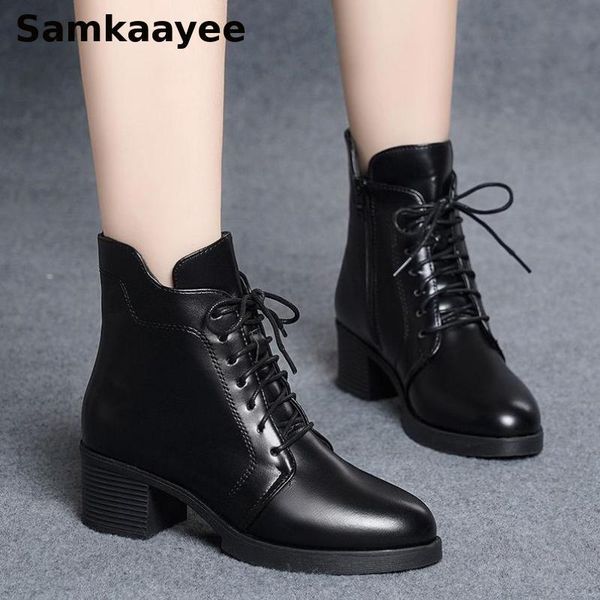 

boots size 35-40 womens spring autumn female botas leather shoes lace-up mujer 5cm high heels motorcycle black booties 29
