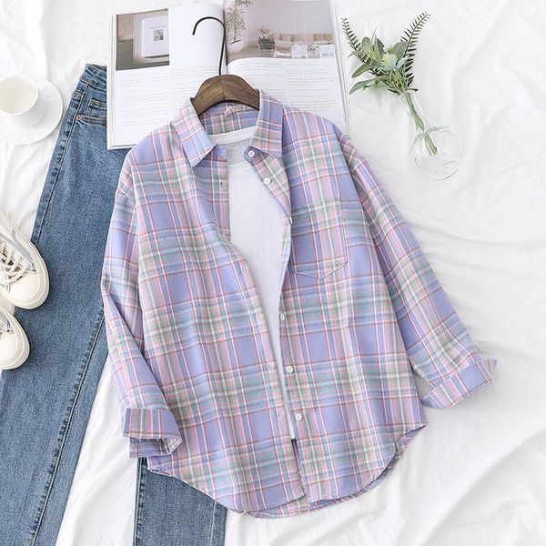 

women's blouses & shirts 2021 long sleeve loose casual womens plaid shirt fine fresh college style design and female checked clothes, White