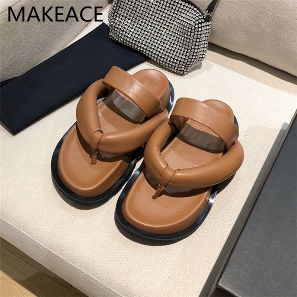 

official website 70% off outlet genuine leather one strap summers beige slippers women flip flops open toe thick bottom flat shoes woman fas, Black