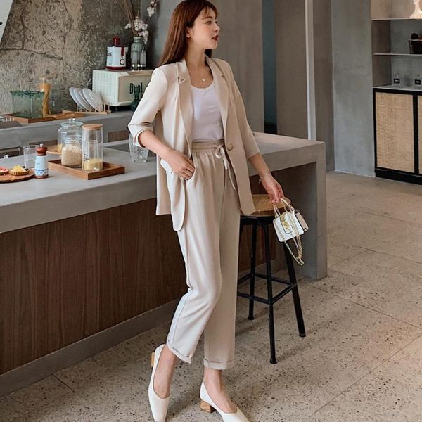 

women's two piece pants office suit, solid color trousers, casual seven point sleeve, suit 2 pieces, White