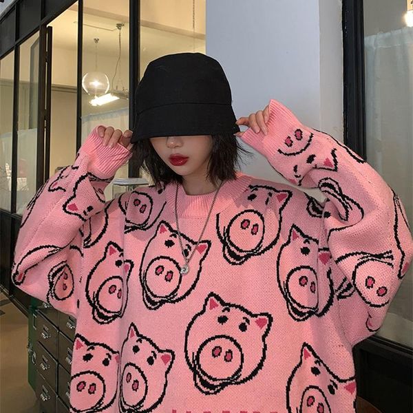 

women's sweaters cartoon pig head sweater women 2021 fall/winter loose outer wear thick lazy style korean mid-length fashion top, White;black