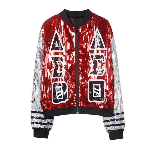 

women black silver pink sequined long sleeve letter bomber jacket zipper casual baseball uniform c0445 210514, Black;brown