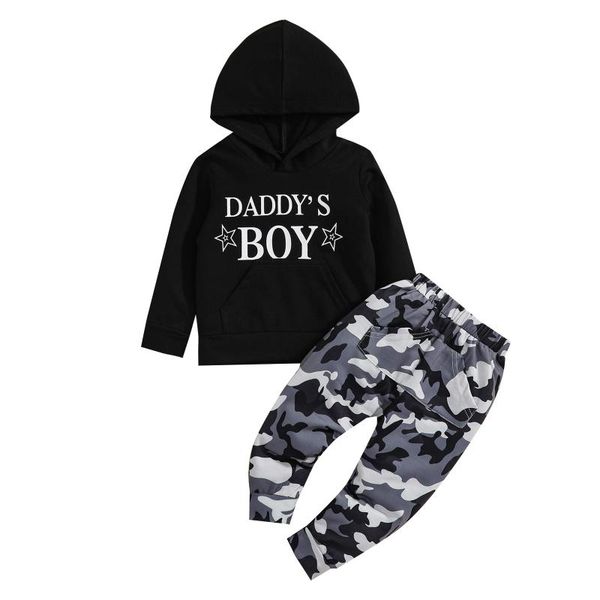 

clothing sets 2 pcs infant casual outfits, boys letter print long sleeve hooded sweatshirt with pocket + camouflage trousers, White