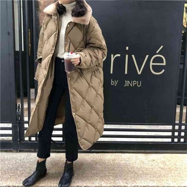 

winter women fur collar oversize rhombus pattern long parkas pocket female warm cotton overcoat single breasted outwears 210925, Black