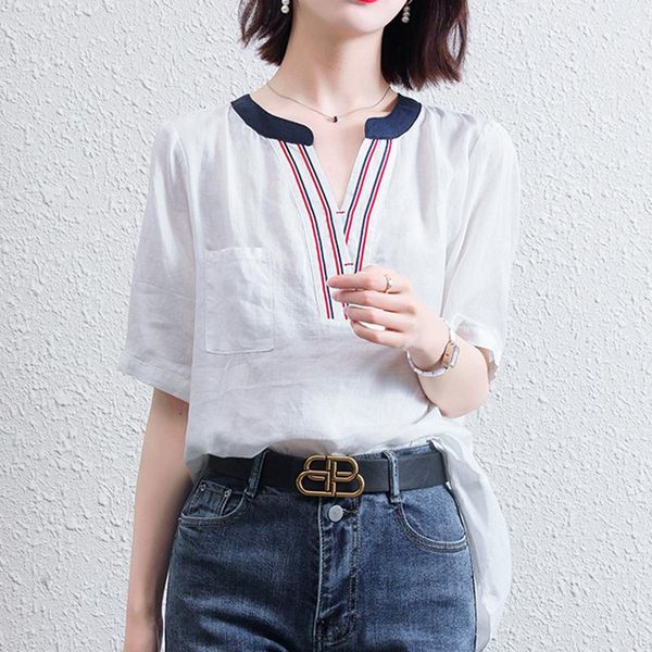 

women's blouses & shirts women cotton white short sleeve shirt casual patchwork womens clothing blusas mujer de moda 2021 summer plus s