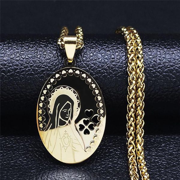 

pendant necklaces double layer stainless steel virgin mary necklace women/men gold color long statement jewelry collier n6005s02, Silver