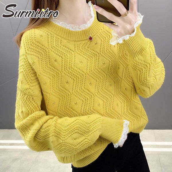 SURMIITRO Maglione lavorato a maglia Donna Autunno Inverno Coreano Giallo Patchwork di pizzo Scava Fuori Manica lunga Maglione Pullover Donna 210712