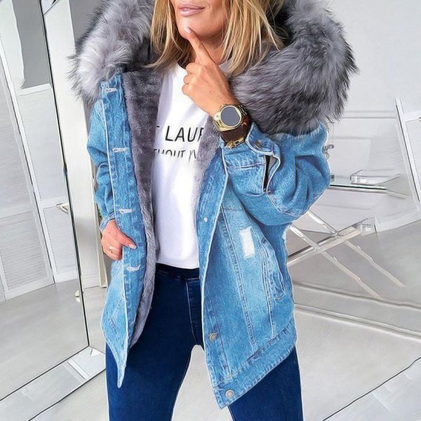 

women's down & parkas 2021 winter women faux fur coat long sleeve thicken hood plush warm denim large size jacket ripped button outwear, Black