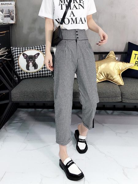 

women's pants & capris sweatpants black and white lattice mother loose korean casual cropped thin section tide omighty, Black;white