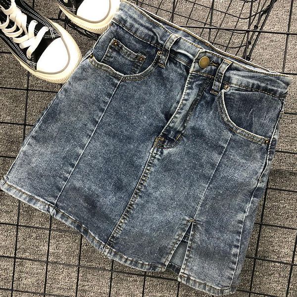 

skirts cowboy skirt 2021 summer retro student split design short female high waist a-line casual cotton empire hole, Black