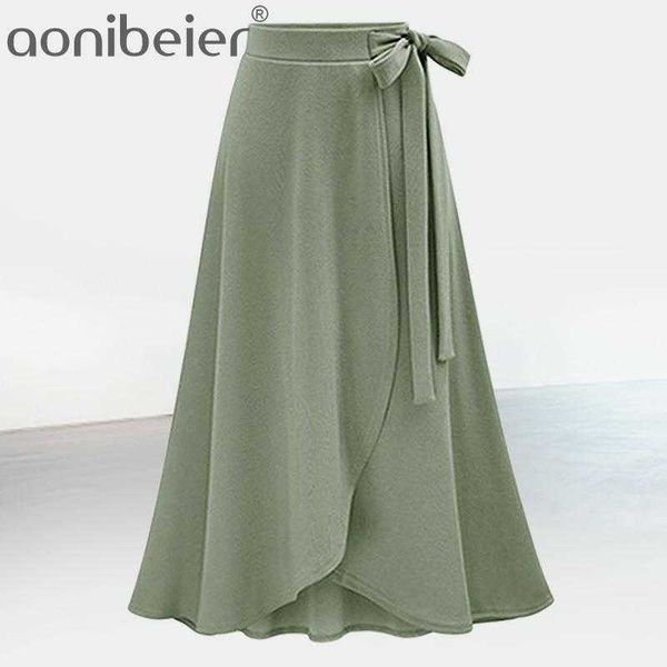 M-6XL Mulheres Maxi Rola Rola Alta Cintura Bowtie Slit Longa Primavera Verão Escritório Casual Elegante Saia Sólida Plus Size 210604