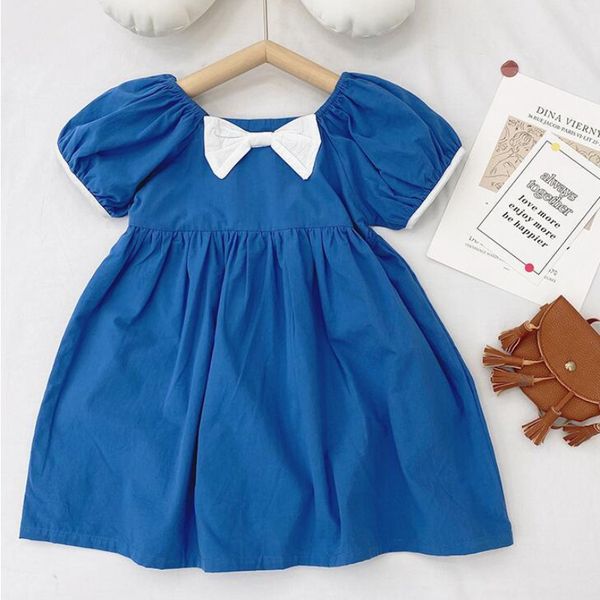 

2021 kids clothing lovely dress o-neck with bow short sleeve denim blue 100% cotton girl child elegant ins dresses, Red;yellow