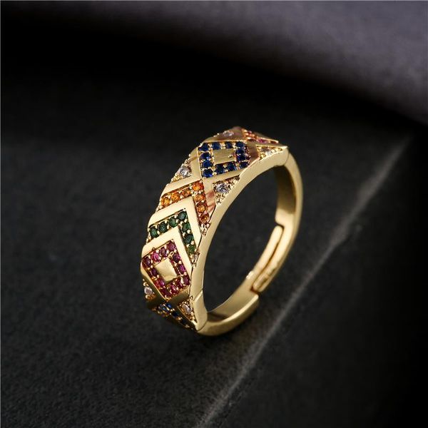 

cluster rings 2021 gold color colourful cubic zircon wedding ring fashion geometric pattern open for women femme bijoux wholesale, Golden;silver