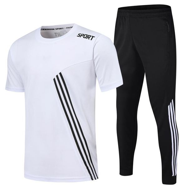 

gym clothing sports suits t shirts for men pants running set zipper pocket athletic soccer training jogging cycling trousers male, White;black