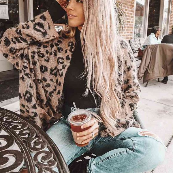 

high street cardigans for women autumn winter elegant long sleeve loose plus-sized leopard knitted cardigan sweater female 210508, White;black