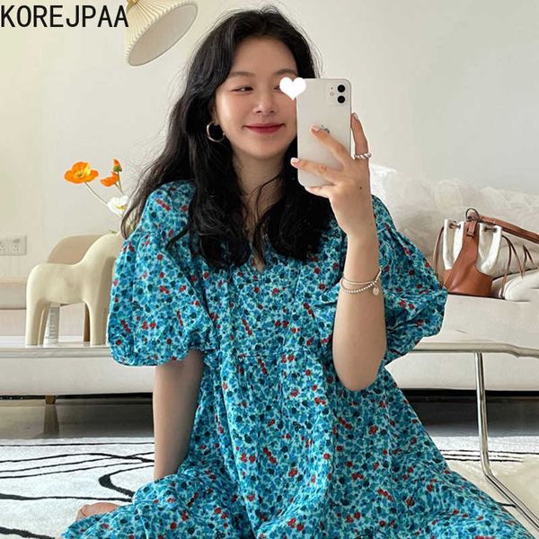 Korejpaa mulheres vestido verão coreano chique elegante impressão óleo tinta floral o pescoço solto casual bolha manga boneca bolo vestidos 210526