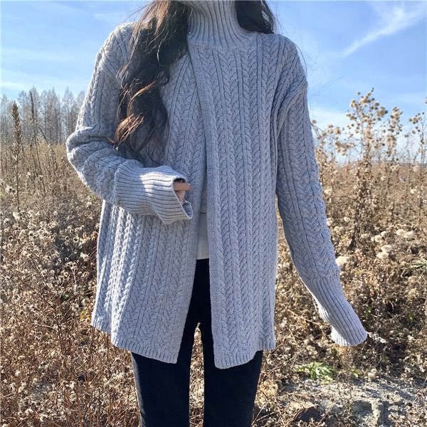 

2 colors 2021 autumn and winter loose turtleneck knitted sweaters womens irregular split sweaters and pullovers womens (c9810), White;black