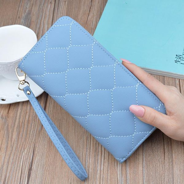 

wallets women long zipper coin purses fashionable simple diamond grid embroidery thread wallet design clutch female money bag., Red;black