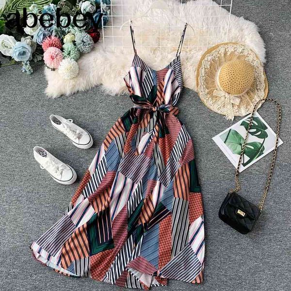 

women retro print chiffon dress summer spaghetti strap v-neck beach dresses lady boho with belt long robe vestido 210512, Black;gray