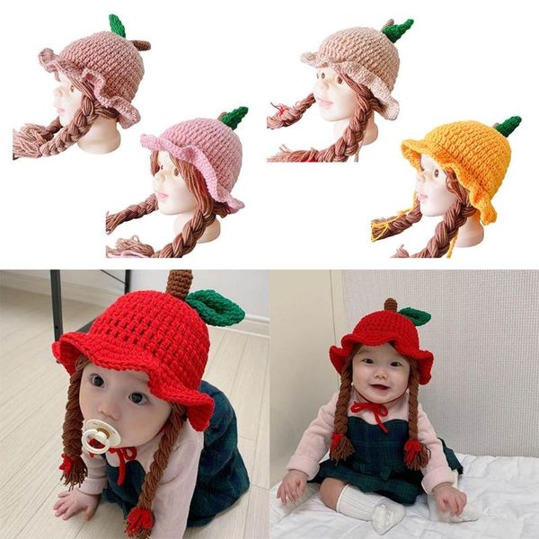 

autumn winter handmade knitted baby girls wig hat born wigs brades kids ear protection ruffle crochet cap with plaits caps & hats, Yellow