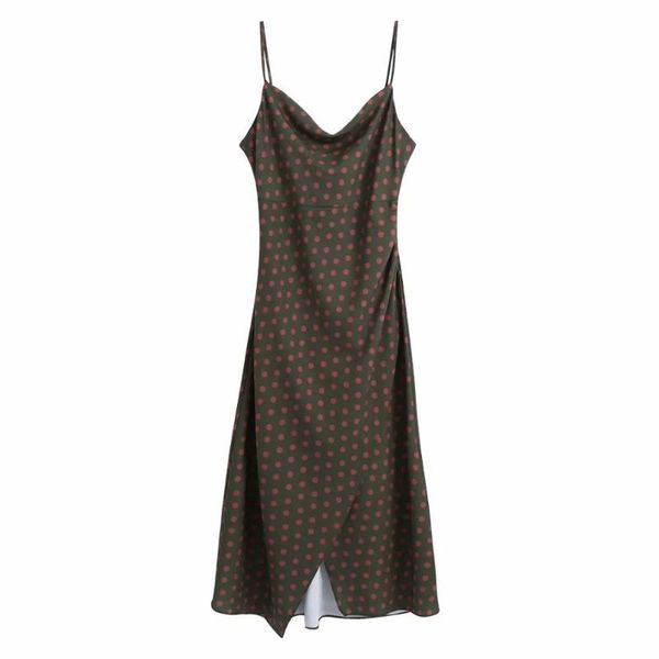 

women polka dot dress thin straps midi wrap style split hem backless comfortable clothing casual dresses, Black;gray