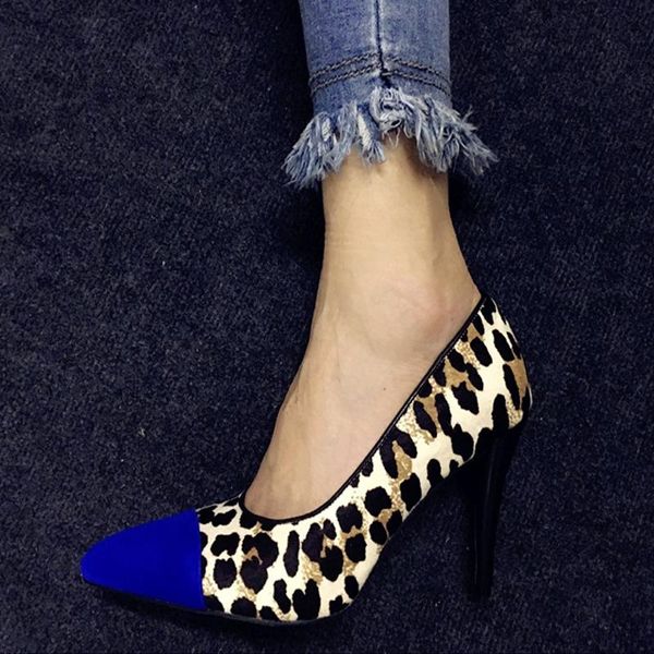

women leopard horse hair leather pumps blue suede pointy toe woman stiletto slip on spring ladies high heels shoes dress, Black