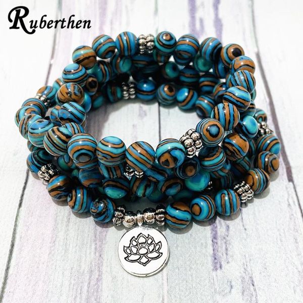 beaded, strands ruberthen blue stripe malachite 108 mala bracelet women`s yoga meditation lotus charm necklace buddhist jewelry, Black