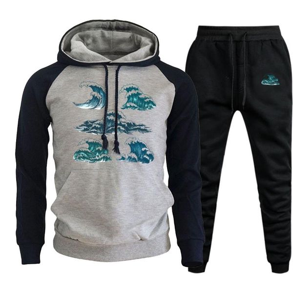 

men's tracksuits funny wave prints hoodies man fleece fashion raglan autumn winter streetwear casual cool streetwear+trousers 2 piece s, Gray