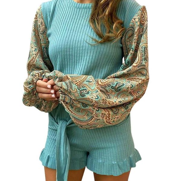 

women's tracksuits shorts set women 2 piece outfits patchwork belt ruffles long lantern sleeve o-neck print elastic high waist, Gray