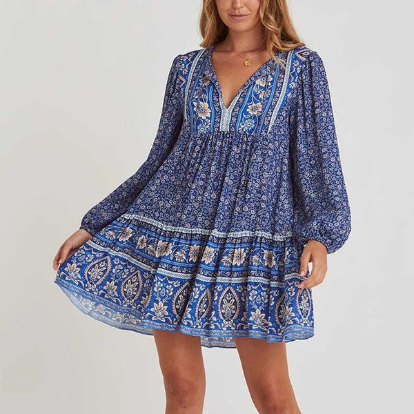 

women's tanks & camis blue cotton floral print tunic mini dresses women long sleeve robe autumn short dress femme vintage vestidos hl0a, White