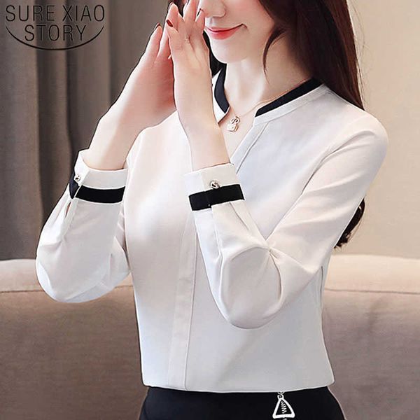

womens and blouses blusas mujer de moda harajuku beading chiffon blouse solid v-neck white shirts 2412 50 210527