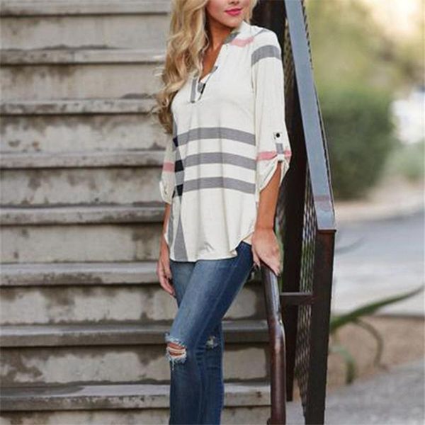 

women's fashion loose long sleeve plaid printed shirt polos, White