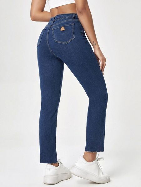 

patched raw hem zipper fly jeans c4z0#, Blue