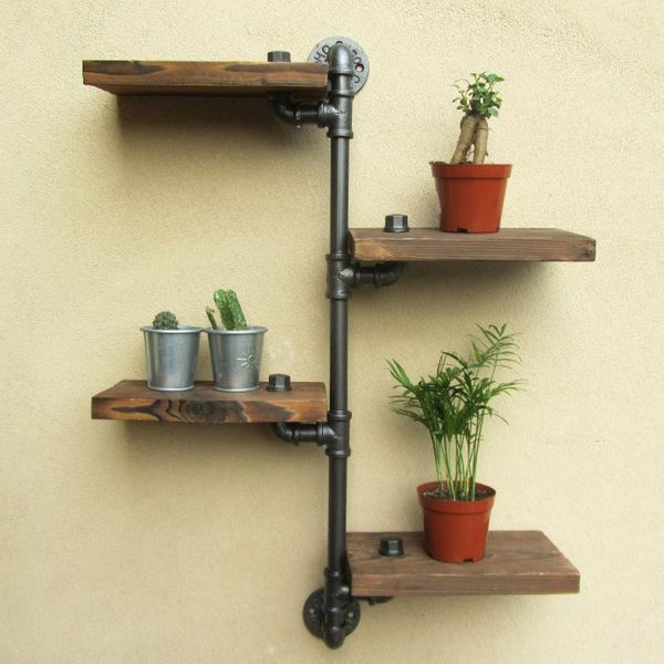 

european style industrial wind used water pipe decoration wall hanging solid wood shelf bathroom organizer accessories hooks & rails