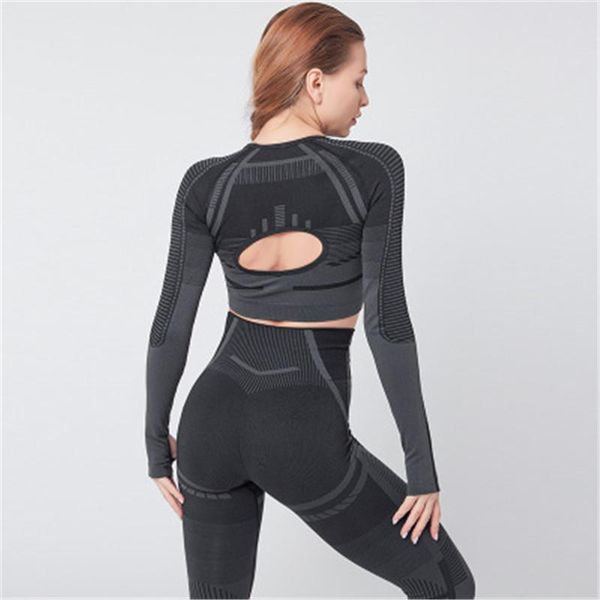 

yoga outfits sport fitness gym clothing workout set long-sleeve shirt high waist pants crop jogging femme active, White;red