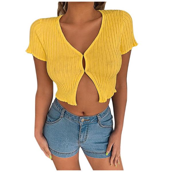 

women's t-shirt 2021 women t-shirts knitted v-neck short sleeves solid slim streetwear green yellow ladies tee z0323, White